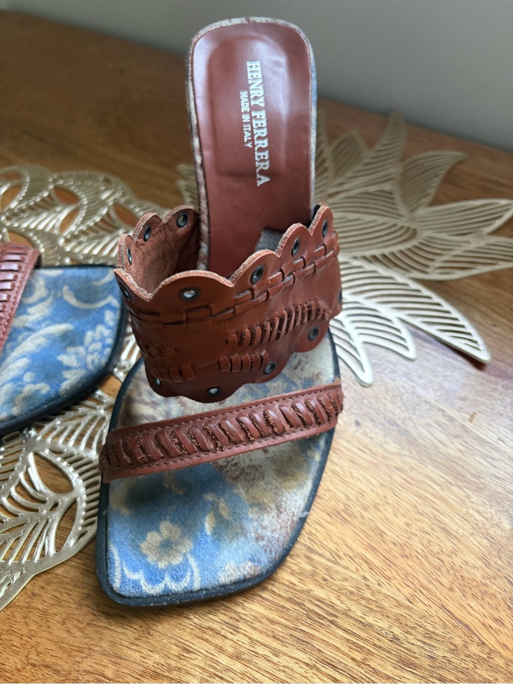 Henry Ferrera Brown Leather Scalloped Slide Mules